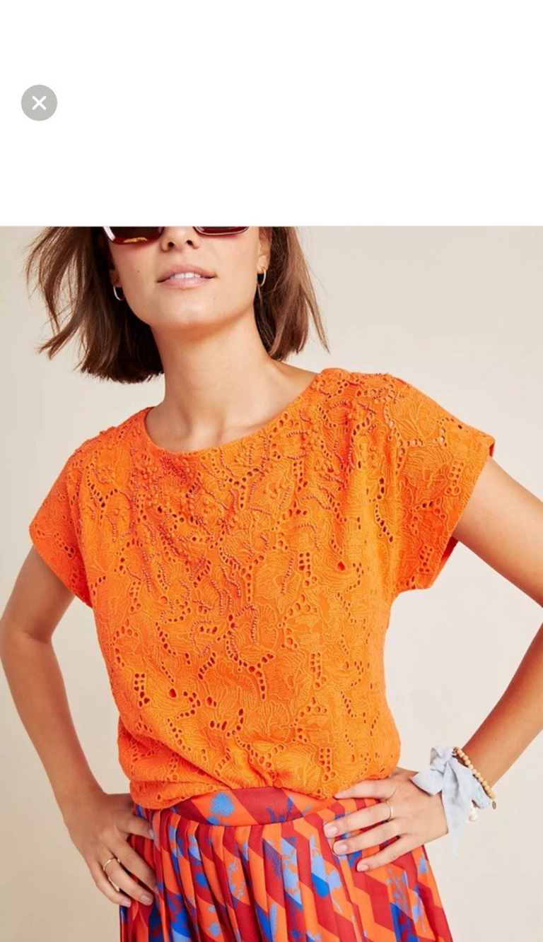 Maeve Shirt Sz 4 Anthropologie Karine Beaded Orange Eyelet Lace Top Boho Chic